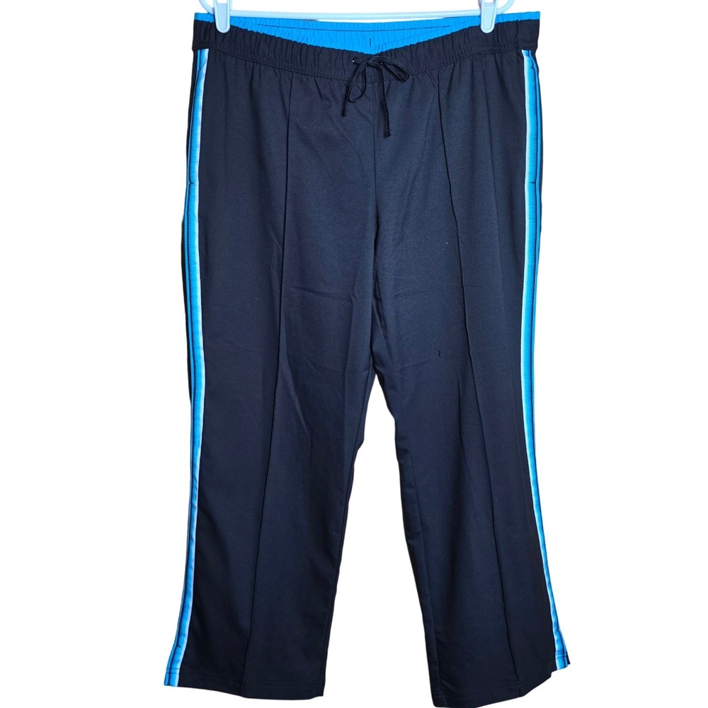 Made for Life Women's Black Workout Jogger Yoga aqua blue Stripe Tie Elastic PXL